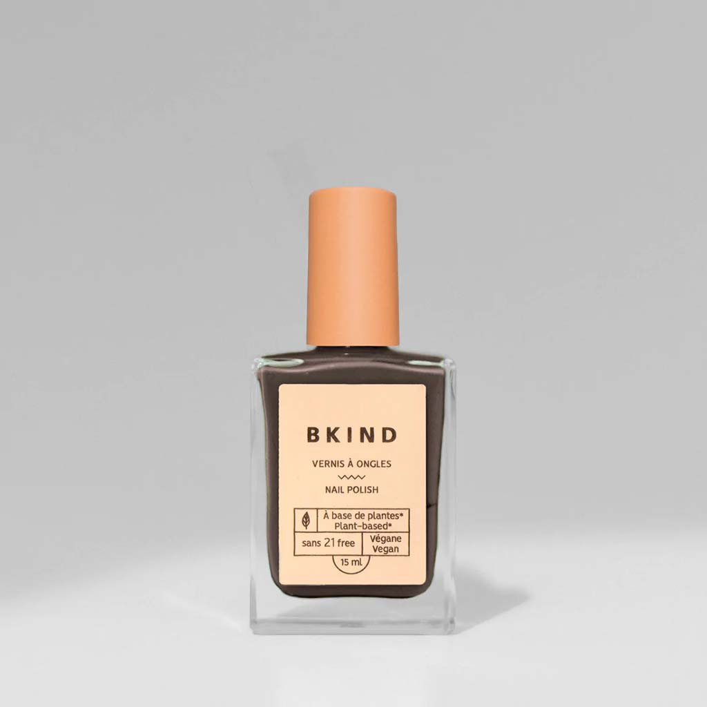 VEGAN, 21-Free, 77% plant-based nail polish, BKIND nail polish in Suit Up, a matte brown grey color