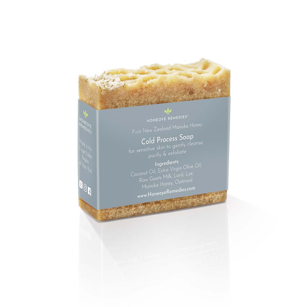 Honeoye Remedies® Hydrate & Exfoliate Goat Milk, Oatmeal, and Manuka Honey Bar Soap, 3.5oz. Made in USA.