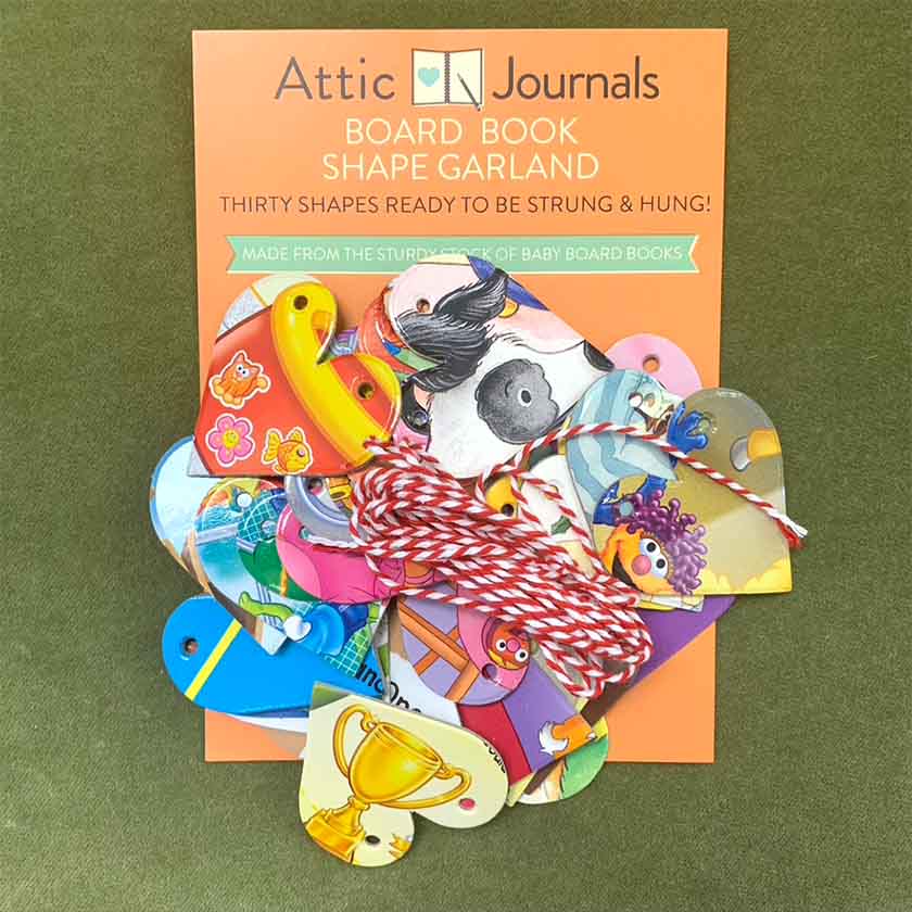 Attic Journal decorative garland with star shapes made from used, reclaimed, recycled board books