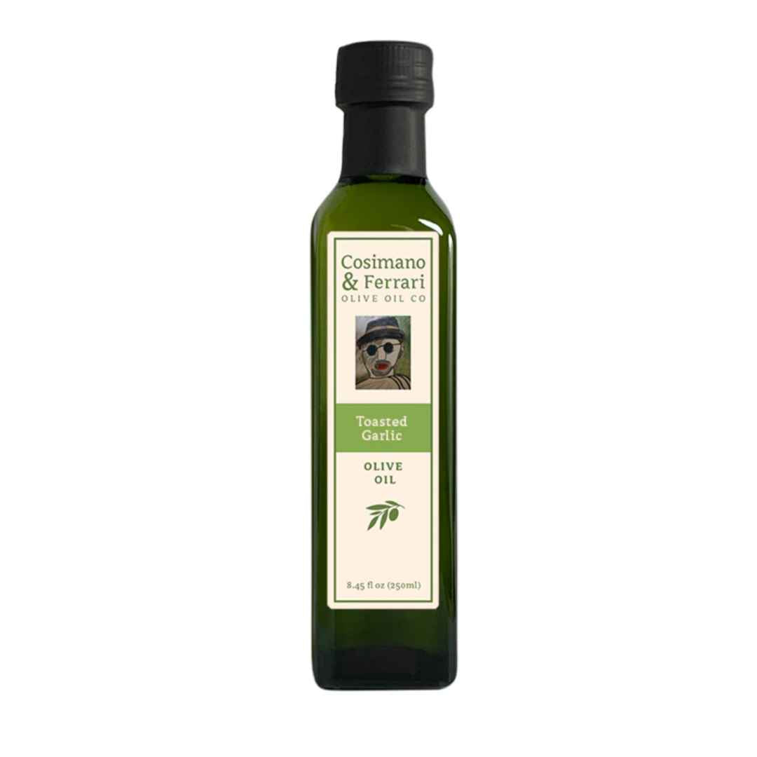 Cosimano & Ferrari Olive Oil Co., 100% Pure Extra Virgin Olive Oil, with all natural Toasted Garlic flavoring. 8.45 fl oz. Made in USA.