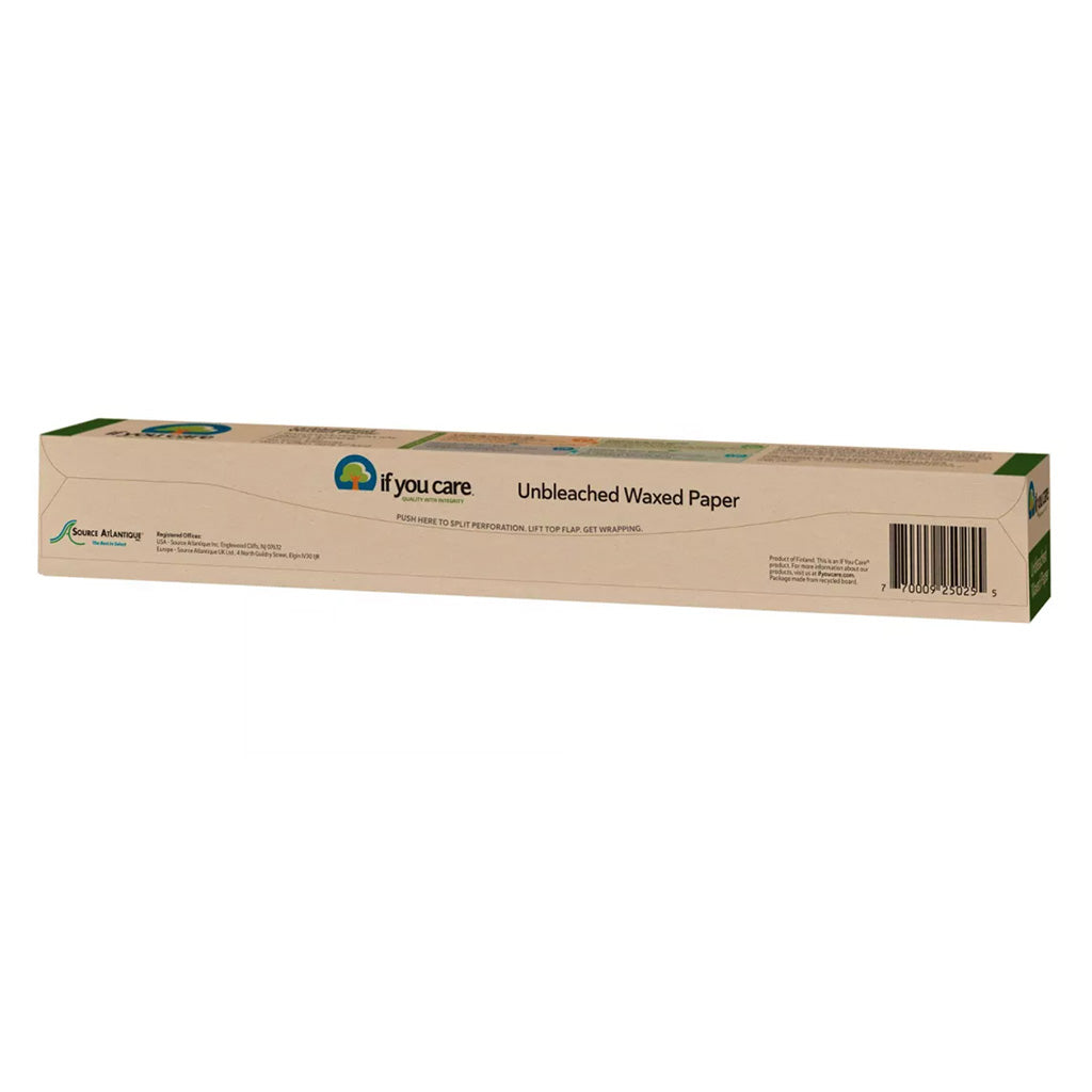 Long rectangular box of Unbleached Waxed Paper made by If You Care - 75 sq ft (7 sq meters), back of box shown