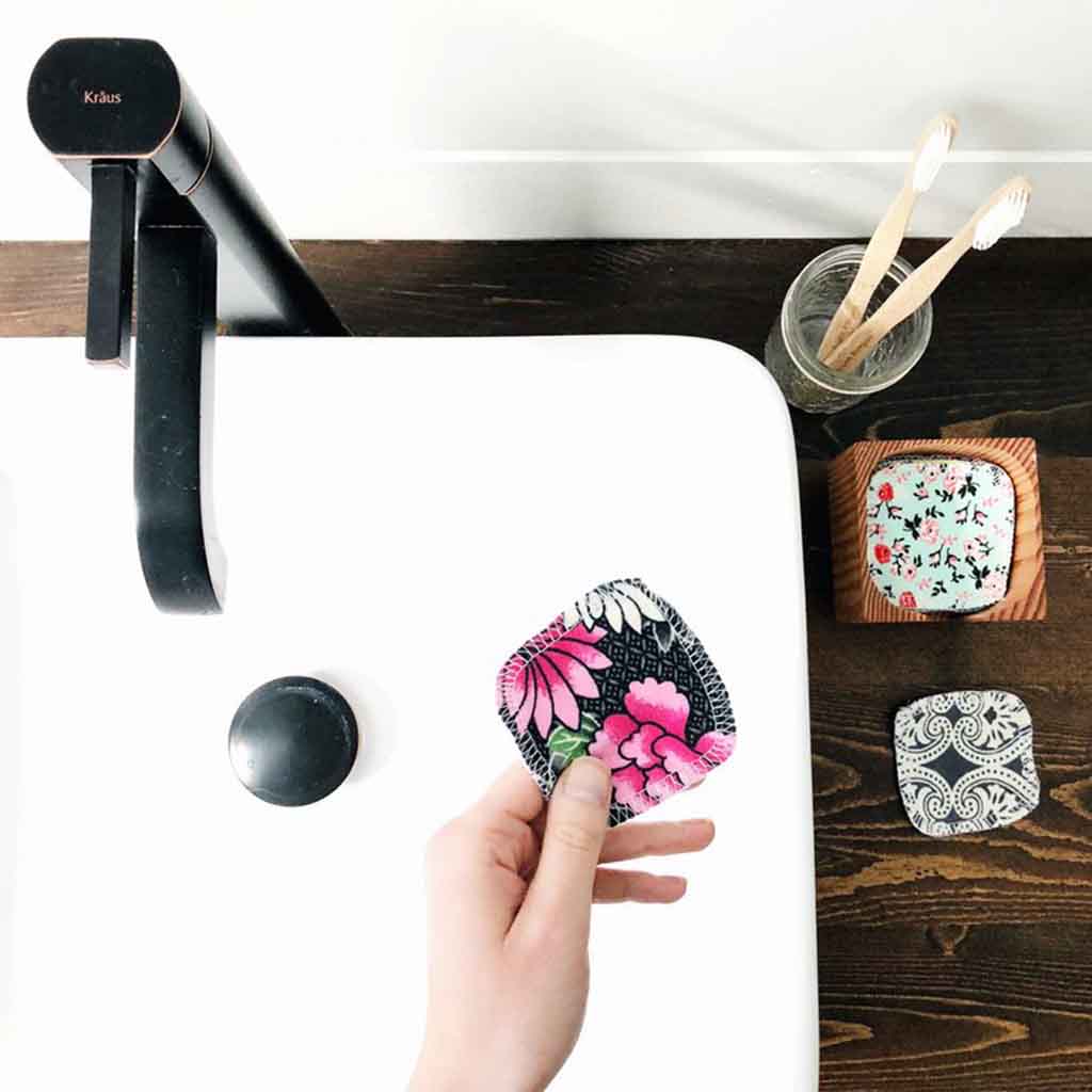 Marley's Monsters Reusable Facial Rounds -100% Cotton, Surprise Print, shown at a sink for scale, 10-pack--What's Good