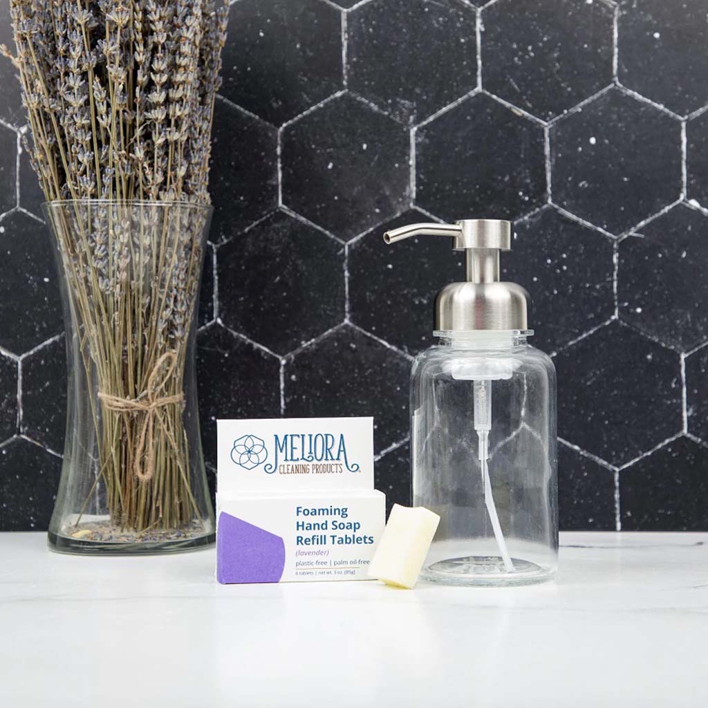 Meliora Foaming Hand Soap Refill Tablets. Plastic-free, dye-free, preservative-free, palm oil-free, cruelty-free, synthetic frangrance-free. Made in the USA in Chicago, IL. 6 tablets. Net wt. 3 oz. Makes up to 9 oz. of foaming hand soap.
