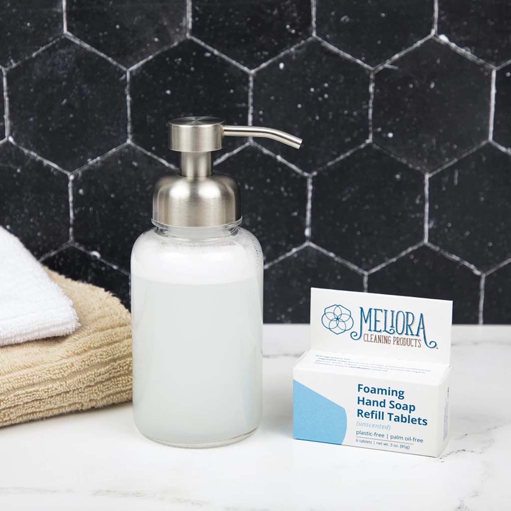 Meliora Foaming Hand Soap Refill Tablets. Plastic-free, dye-free, preservative-free, palm oil-free, cruelty-free, synthetic frangrance-free. Made in the USA in Chicago, IL. 6 tablets. Net wt. 3 oz. Makes up to 9 oz. of foaming hand soap.
