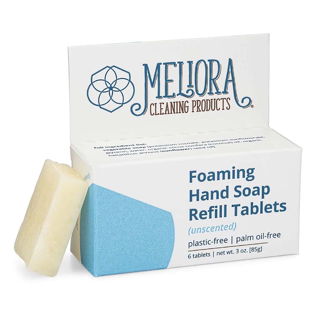 Meliora Foaming Hand Soap Refill Tablets. Plastic-free, dye-free, preservative-free, palm oil-free, cruelty-free, synthetic frangrance-free. Made in the USA in Chicago, IL. 6 tablets. Net wt. 3 oz. Makes up to 9 oz. of foaming hand soap.