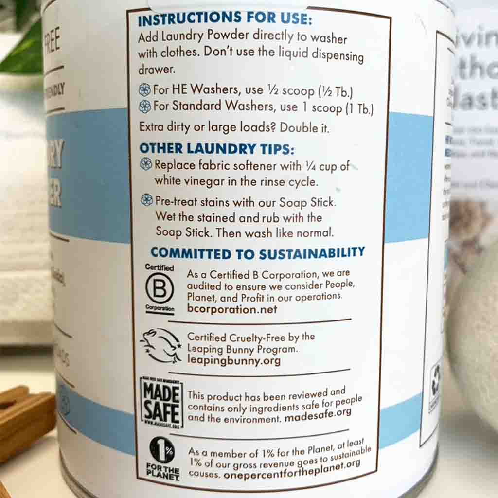 Back of container for meliora laundry powder