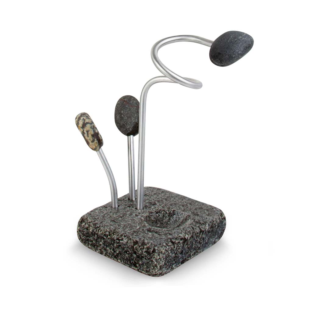 Sea Stone Reclaimed Granite Sponge & Brush Holder Combo. Reclaimed granite, brushed aluminum & hand collected smooth beach stone. 4" wide 4" deep 7.5" tall.