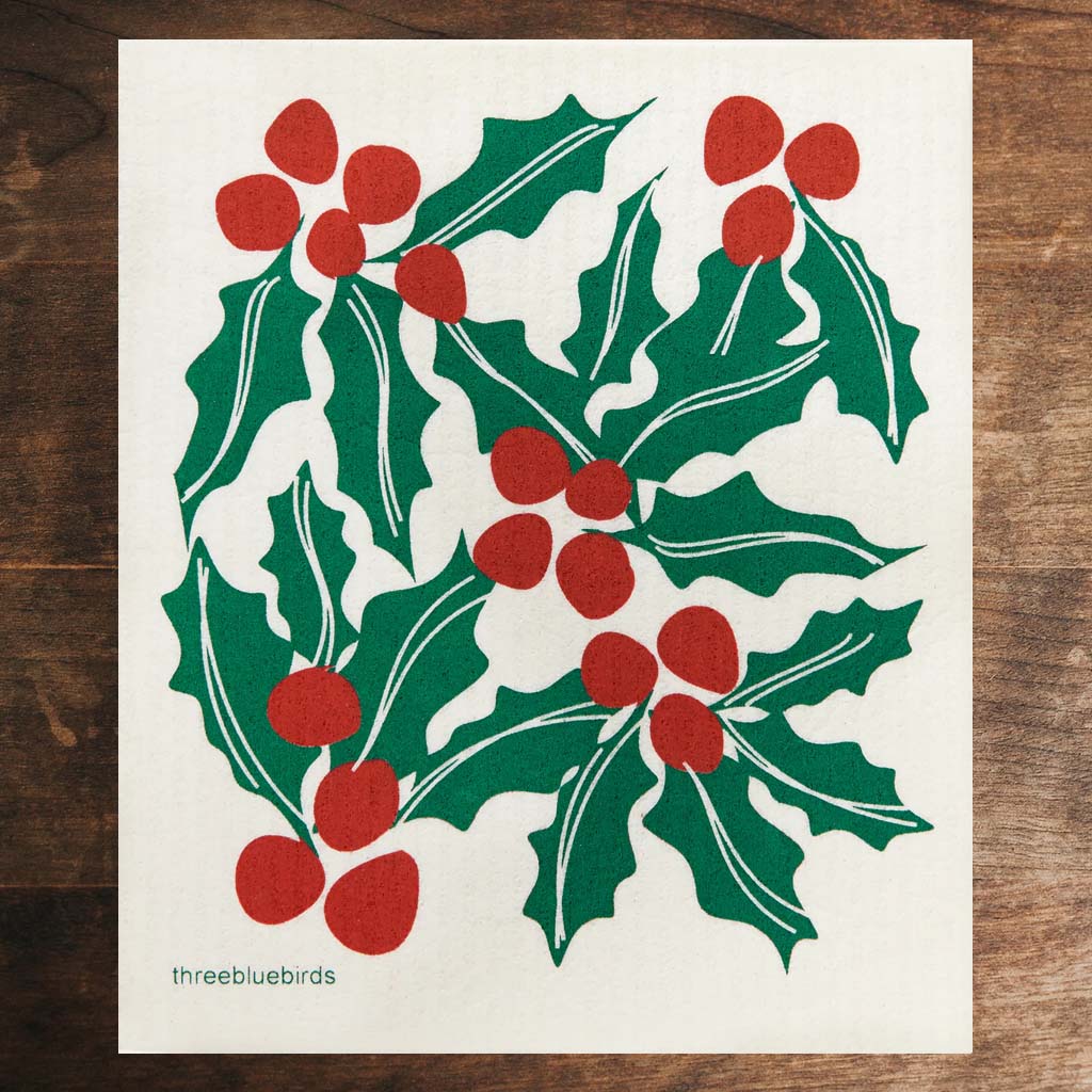 White Swedish Dishcloth with Red and Green Holly Pattern Front Side Eco-Friendly