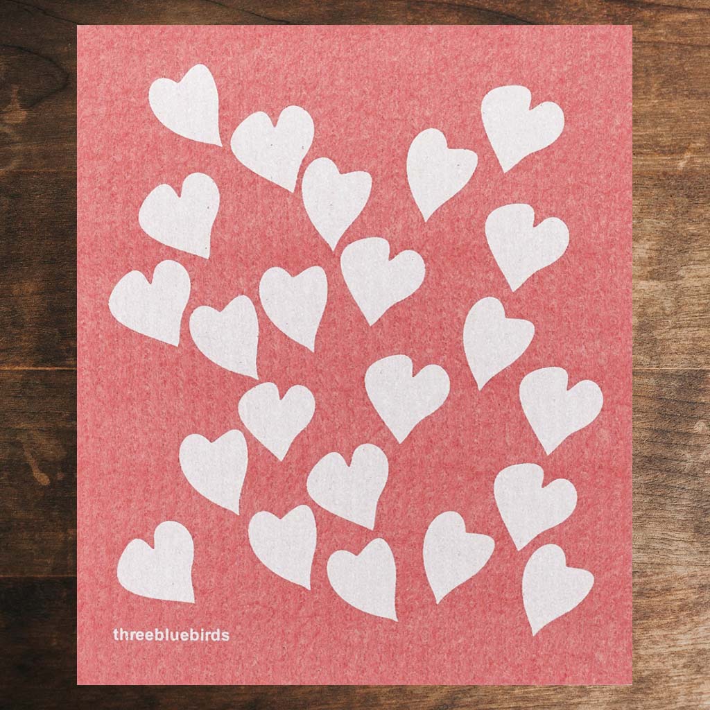 Pink Swedish Dishcloth White Heart Pattern Front Side Eco-Friendly