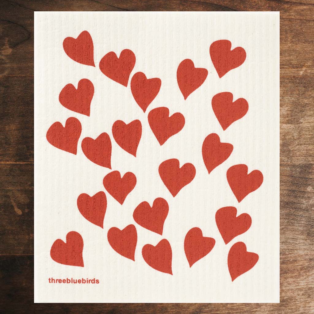 White Swedish Dishcloth Red Heart Pattern Front Side Eco-Friendly