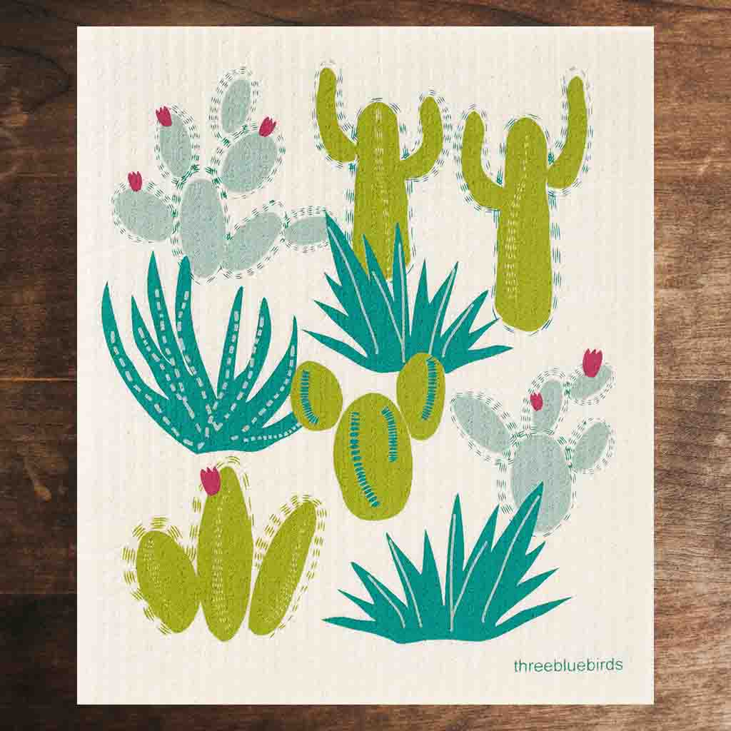 White Swedish Dishcloth with Blue and Green Cacti Pattern Front Side Eco-Friendly