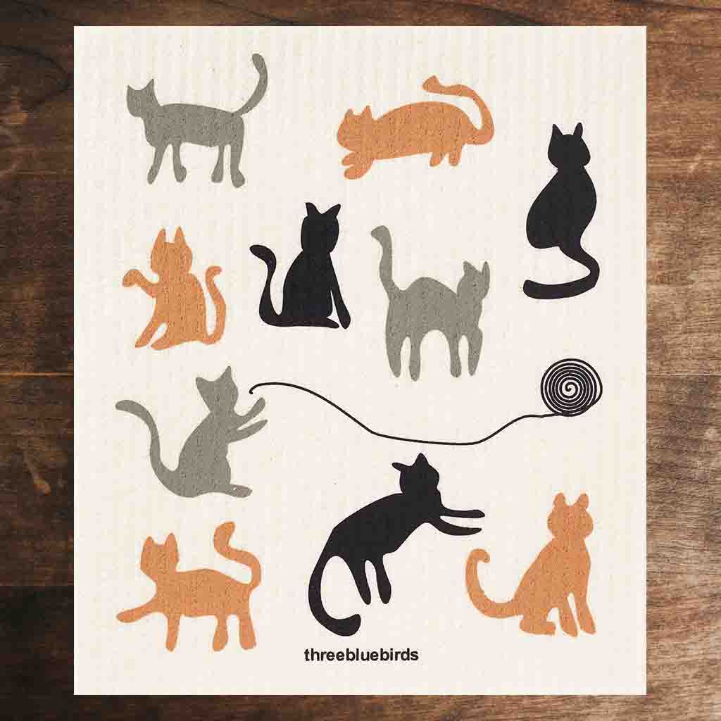 White Swedish Dishcloth with Black, Grey, and Tan Cats Pattern Front Side Eco-Friendly