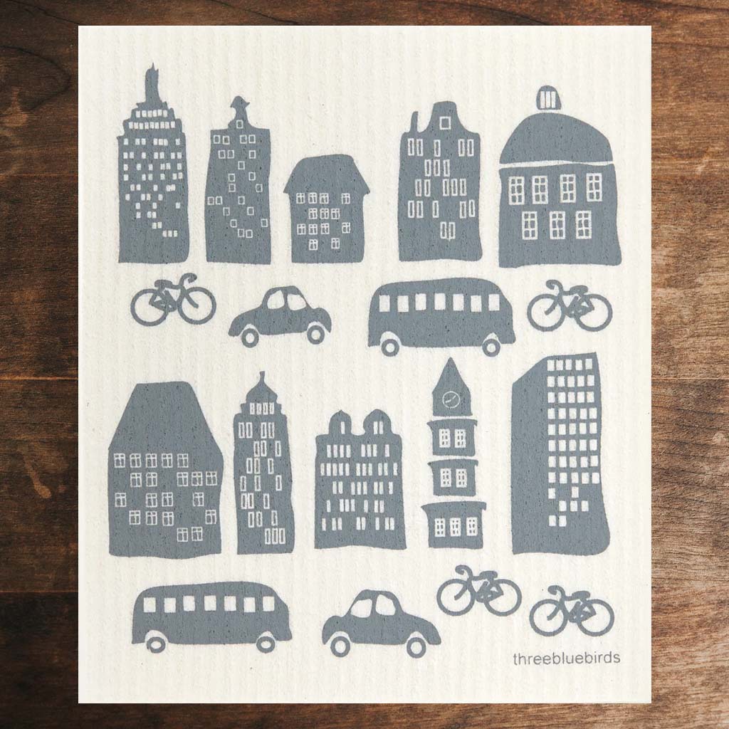 White Swedish Dishcloth City Life Pattern Front Side Eco-Friendly