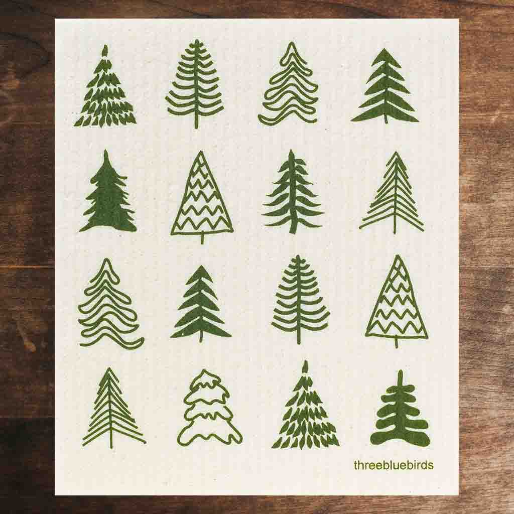 White Swedish Dishcloth with Green Pine Trees Pattern Front Side Eco-Friendly