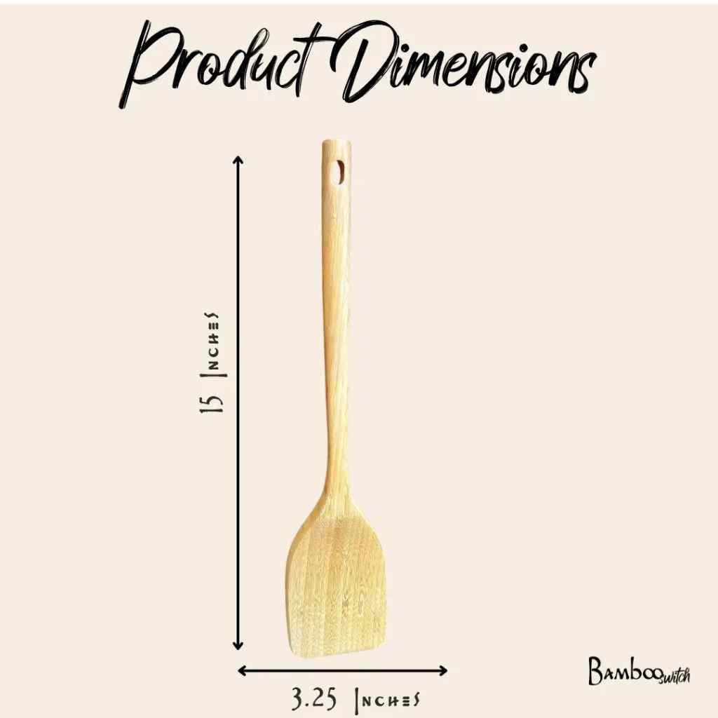 Wood spatula on pink background with dimensions: 15 X 3.25
