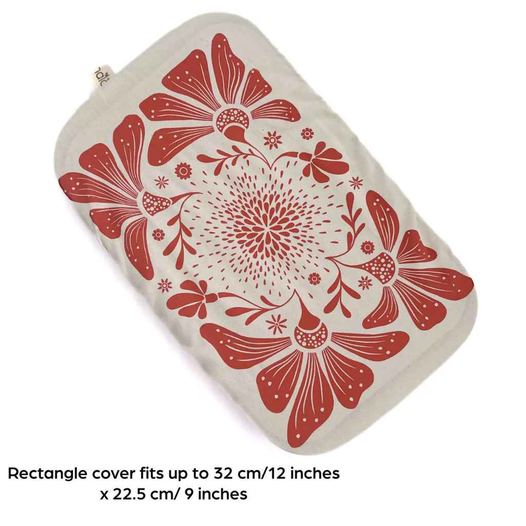 Rectangular cover with red floral pattern on a beige background