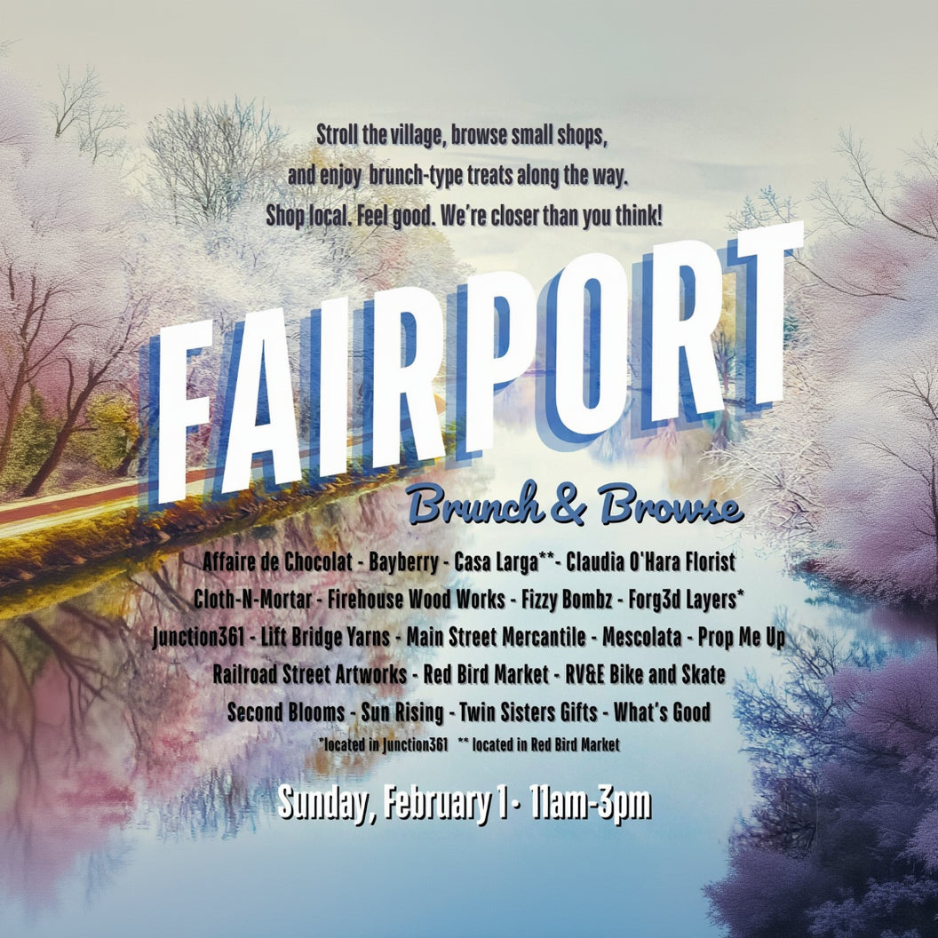 Promotional flyer for a 'Brunch &amp; Browse' event in Fairport with a scenic background.