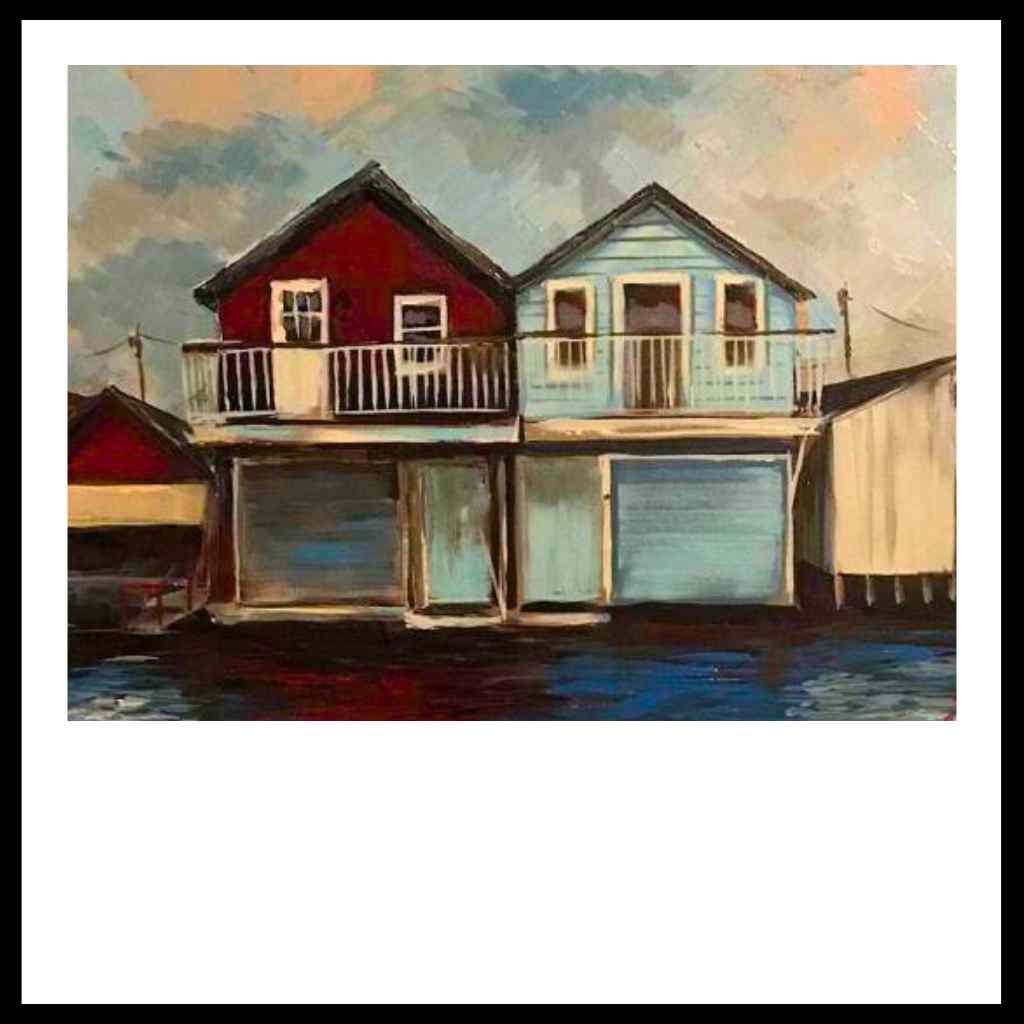 Painting of two colorful houses on stilts over water with a cloudy sky.
