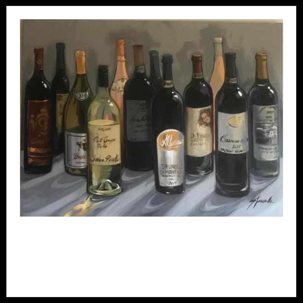 Painting of various wine bottles arranged on a table.
