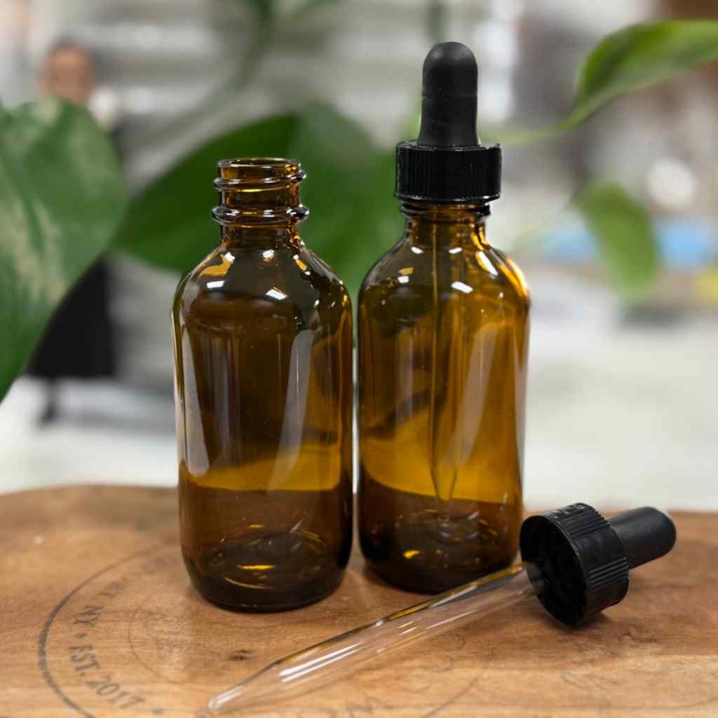 Amber 2 oz glass dropper bottle
