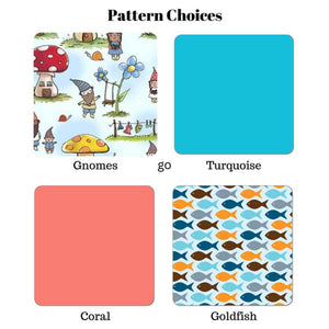 image showing pattern choices for reusable snack and sandwich bags - gnomes pattern, turquoise, coral, goldfish pattern