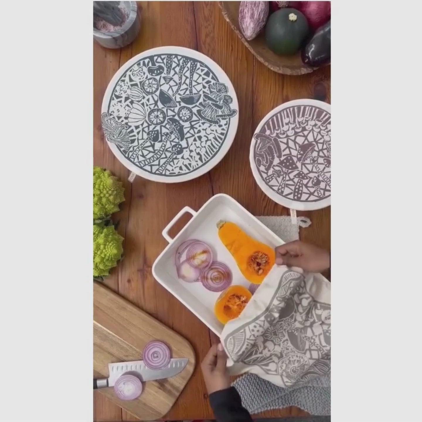 Video showing how to use Organic Cotton Dish Cover set, Made in South Africa. Fair Trade Halo Dish Covers. MUSHROOM print