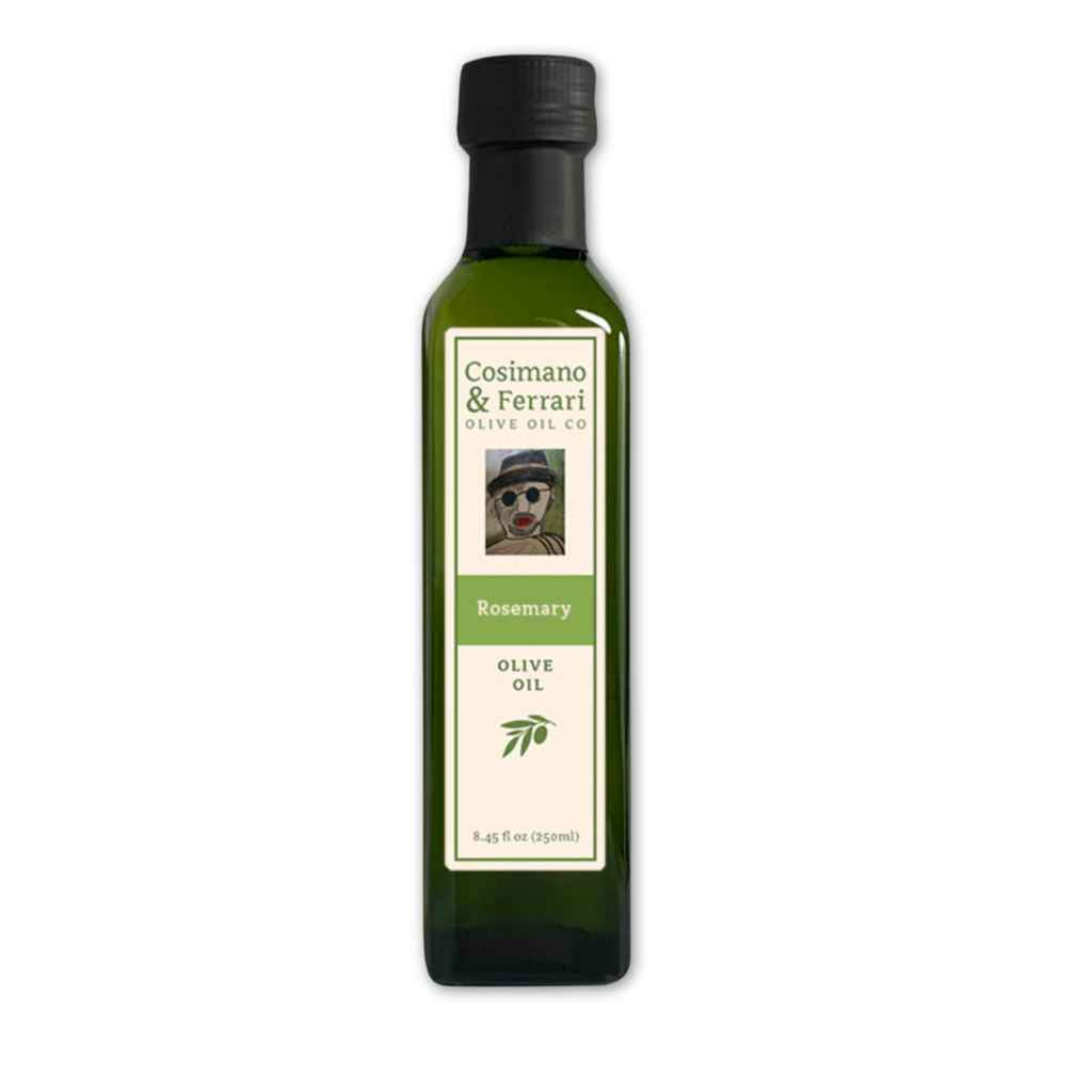 Cosimano & Ferrari Olive Oil Co., 100% Pure Extra Virgin Olive Oil, with all natural rosemary flavoring. 8.45 fl oz. Made in USA.