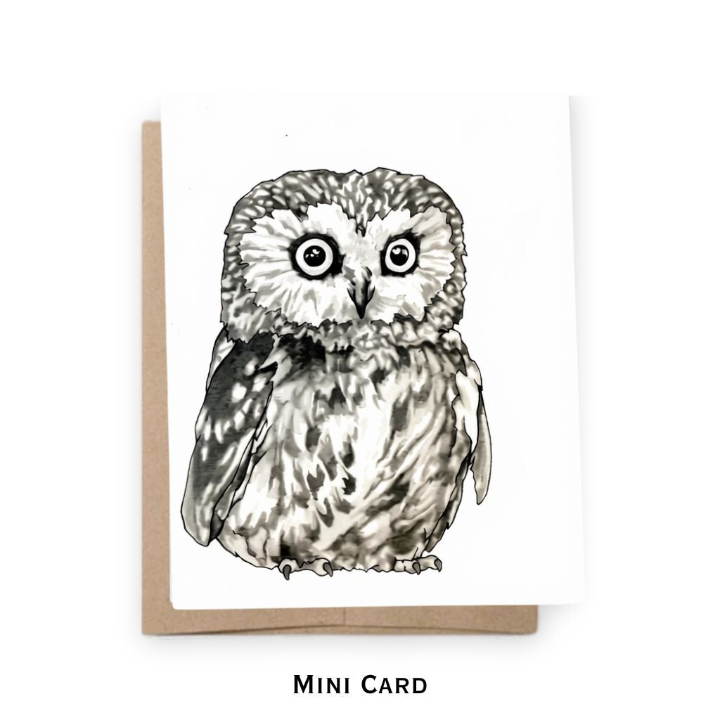 hand drawn owl on white mini card with kraft paper envelope