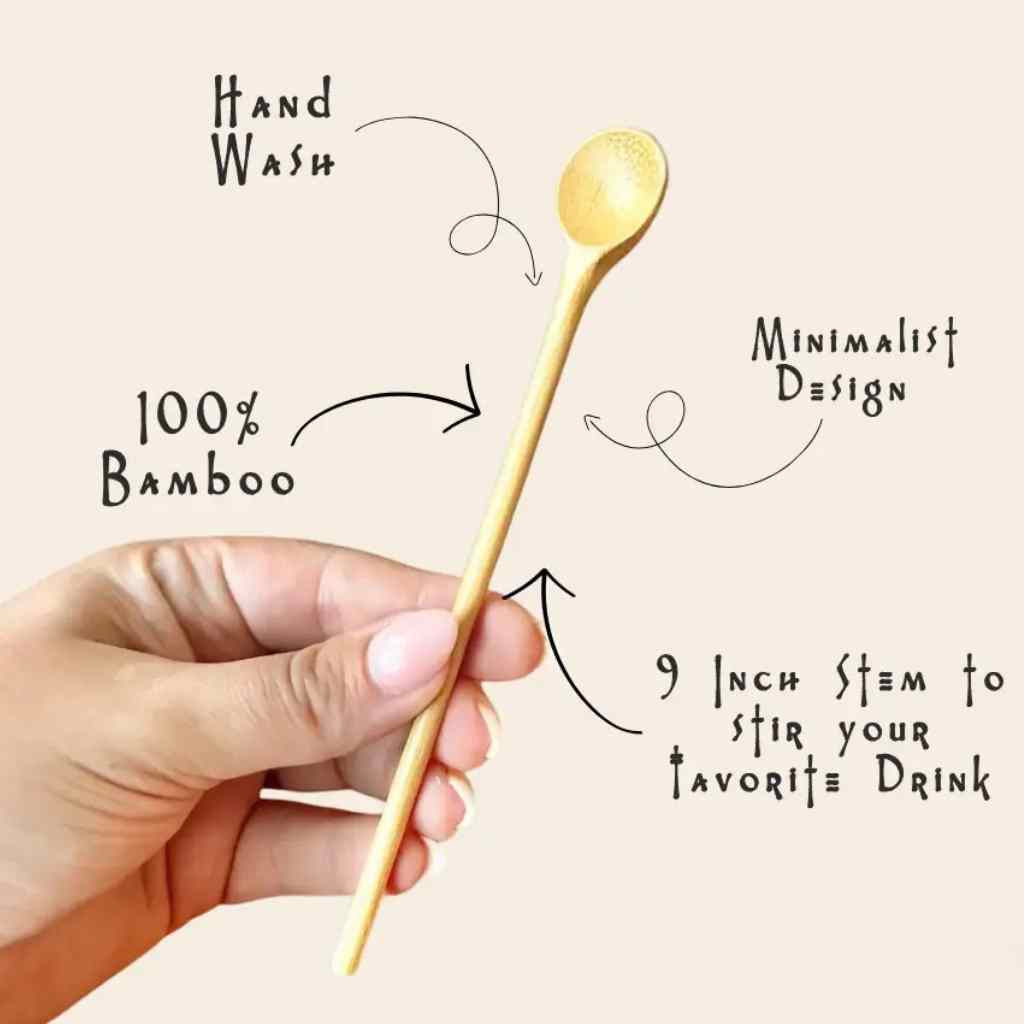 Bamboo stir stick held by a hand with text highlighting features like 'Hand Wash', '100% Bamboo', 'Minimalist Design', and '9 Inch Stem'.