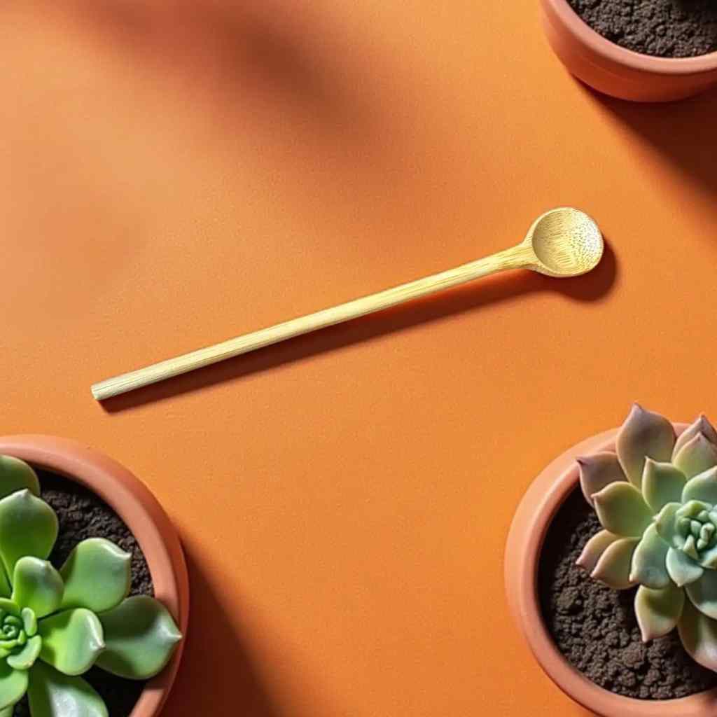 Wood stir spoon on an orange surface with potted succulents