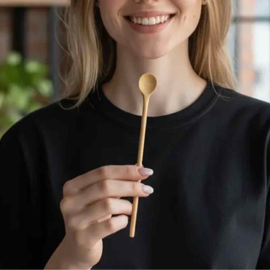 Person holding a wooden spoon with a blurred indoor background