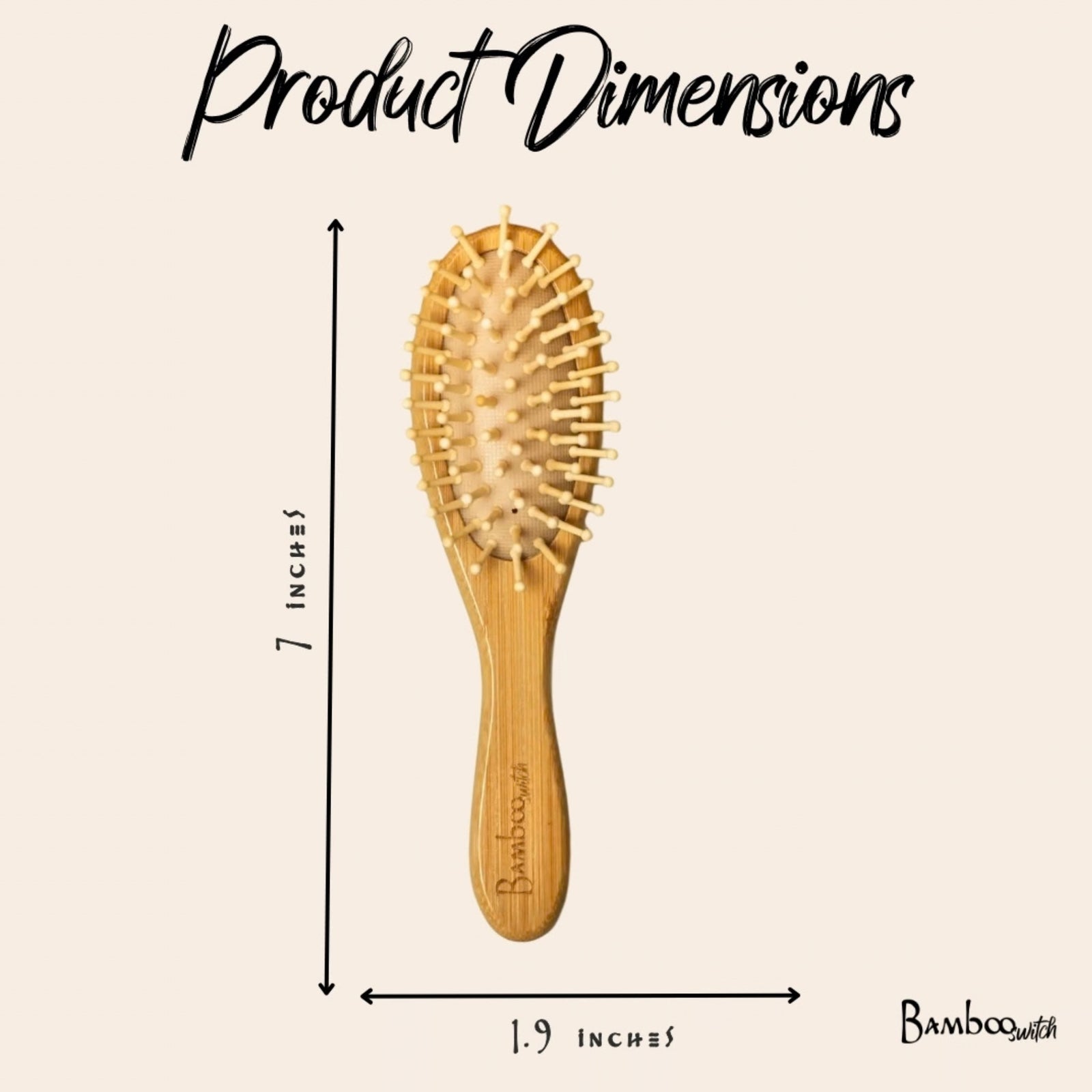Product dimensions diagram showing a bamboo hairbrush on a light beige background, with arrows indicating a height of 7 inches and a width of 1.9 inches.