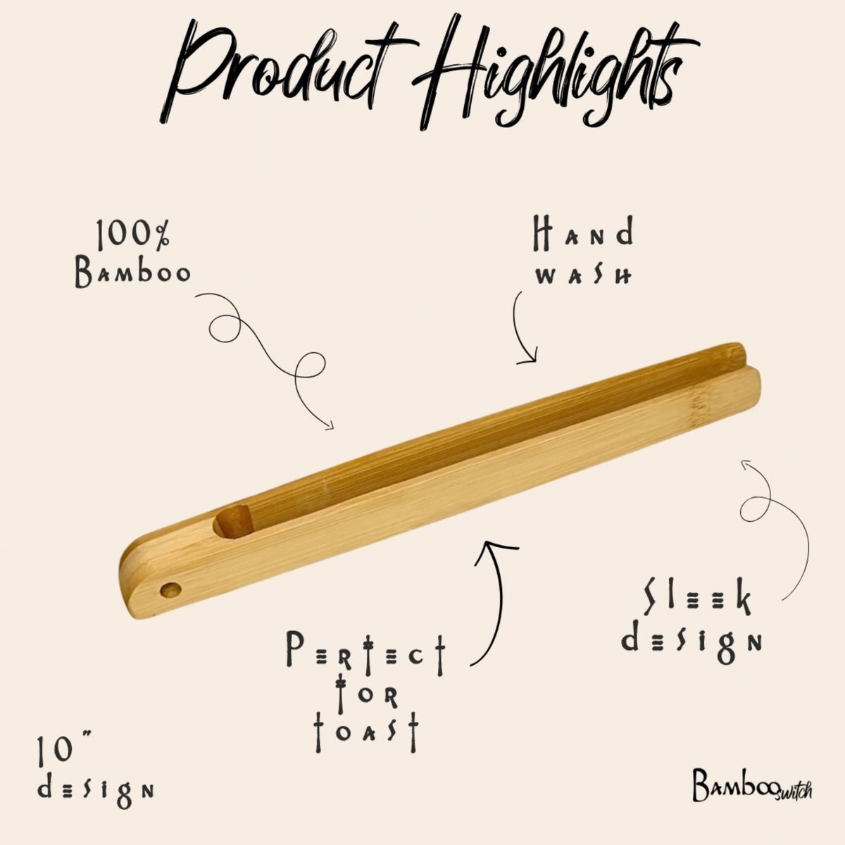 wood tongs on a beige background with text depicting highlights such as 100 bamboo, perfect for toast, sleek design,