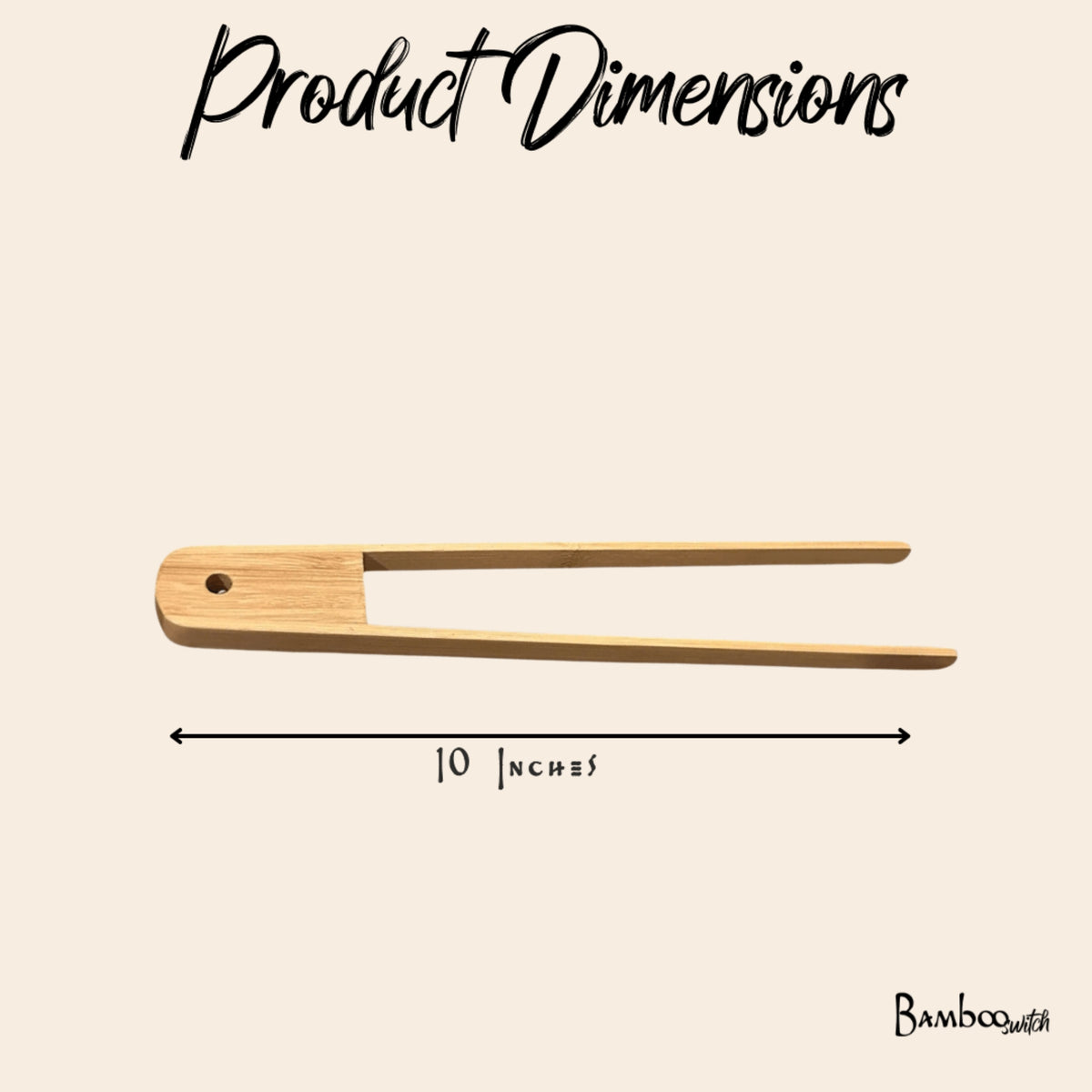 wood tongs on beige background with text stating they're 10 inches long.