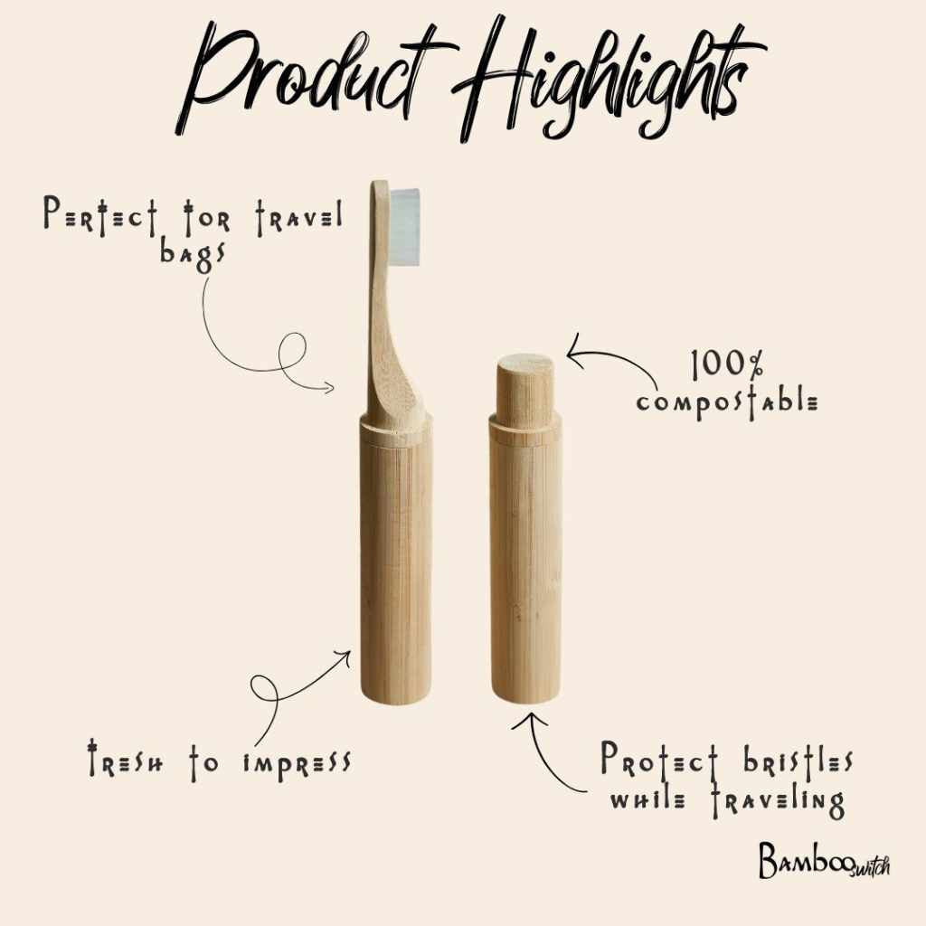Bamboo toothbrush with packaging and product highlights on a beige background