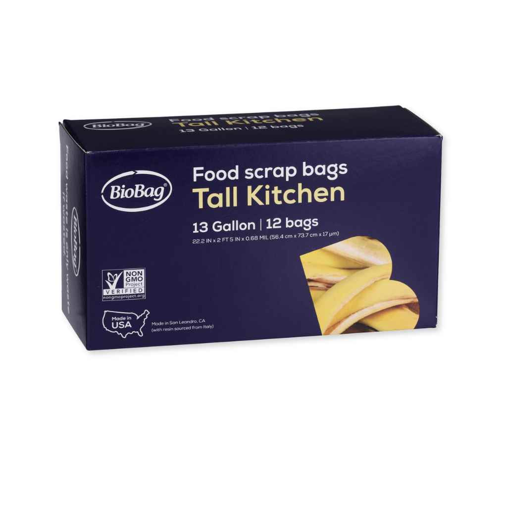 Box of BioBag Tall Kitchen food scrap bags on a white background