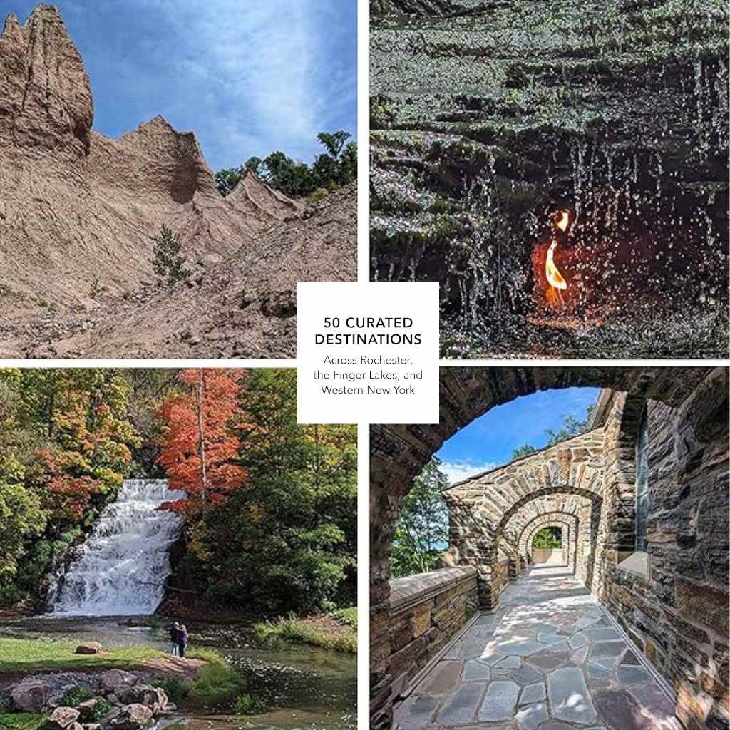 Collage of scenic images including a mountain, waterfall, and stone archway with text overlay.