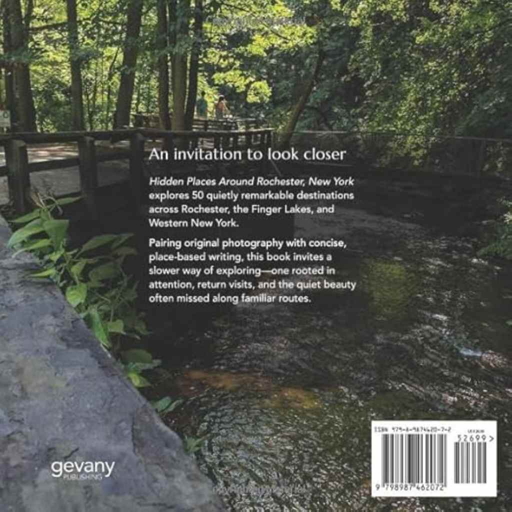 Book cover with text about Hidden Places Around Rochester, New York, featuring a natural landscape.