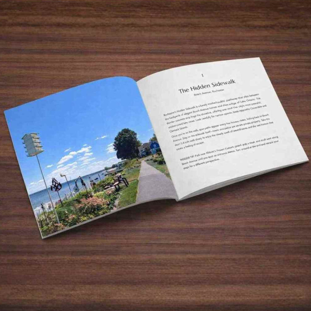 Open book on a wooden surface with a scenic photograph and text.