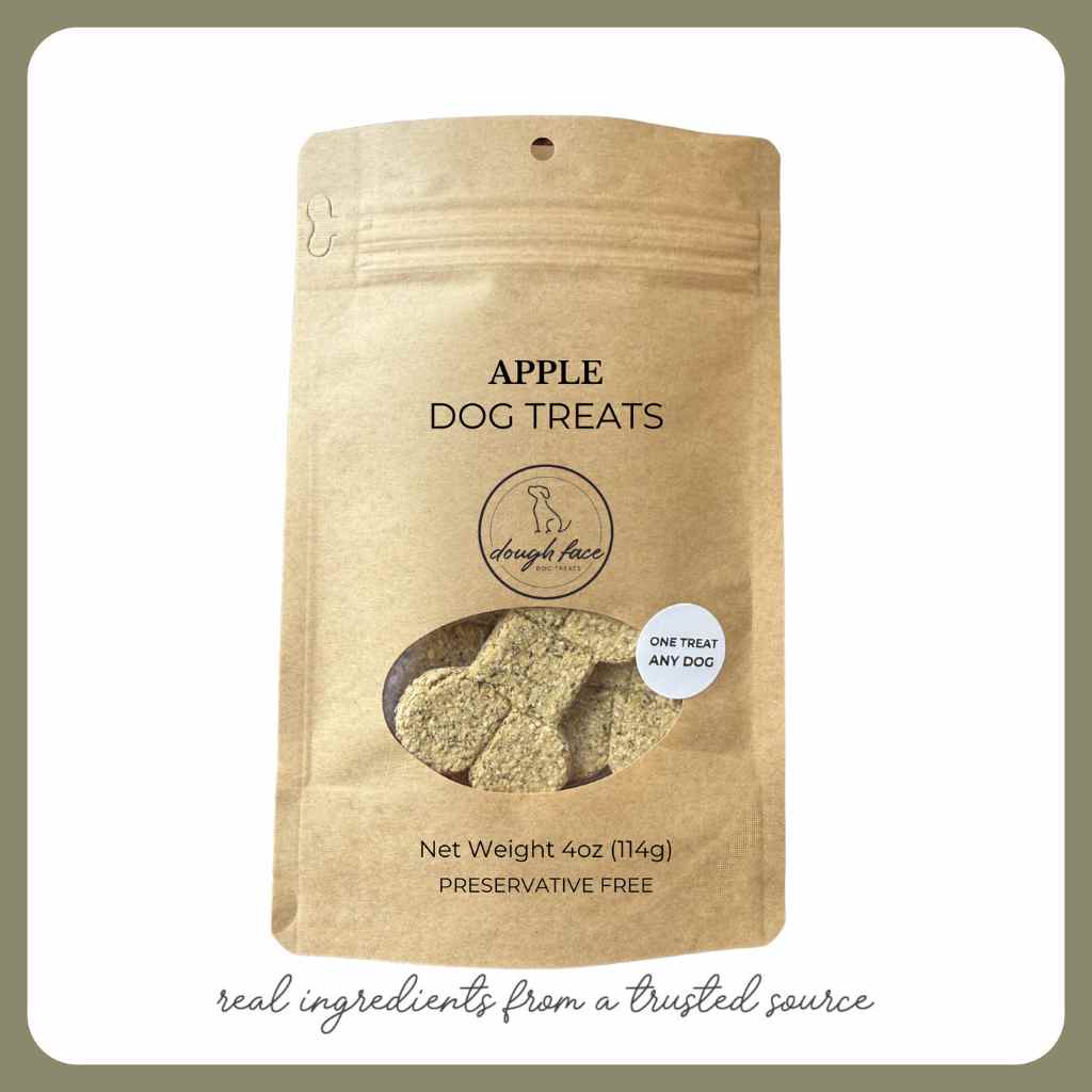 Kraft paper packaging of Apple Dog Treats with a dog treat image and text on a white background.