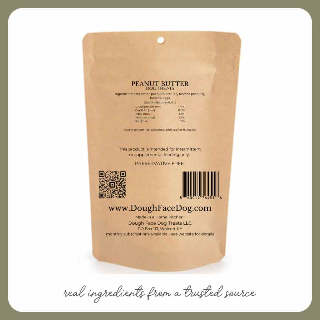Kraft paper packaging of Dough Face Dog treats with text and QR code on a white background