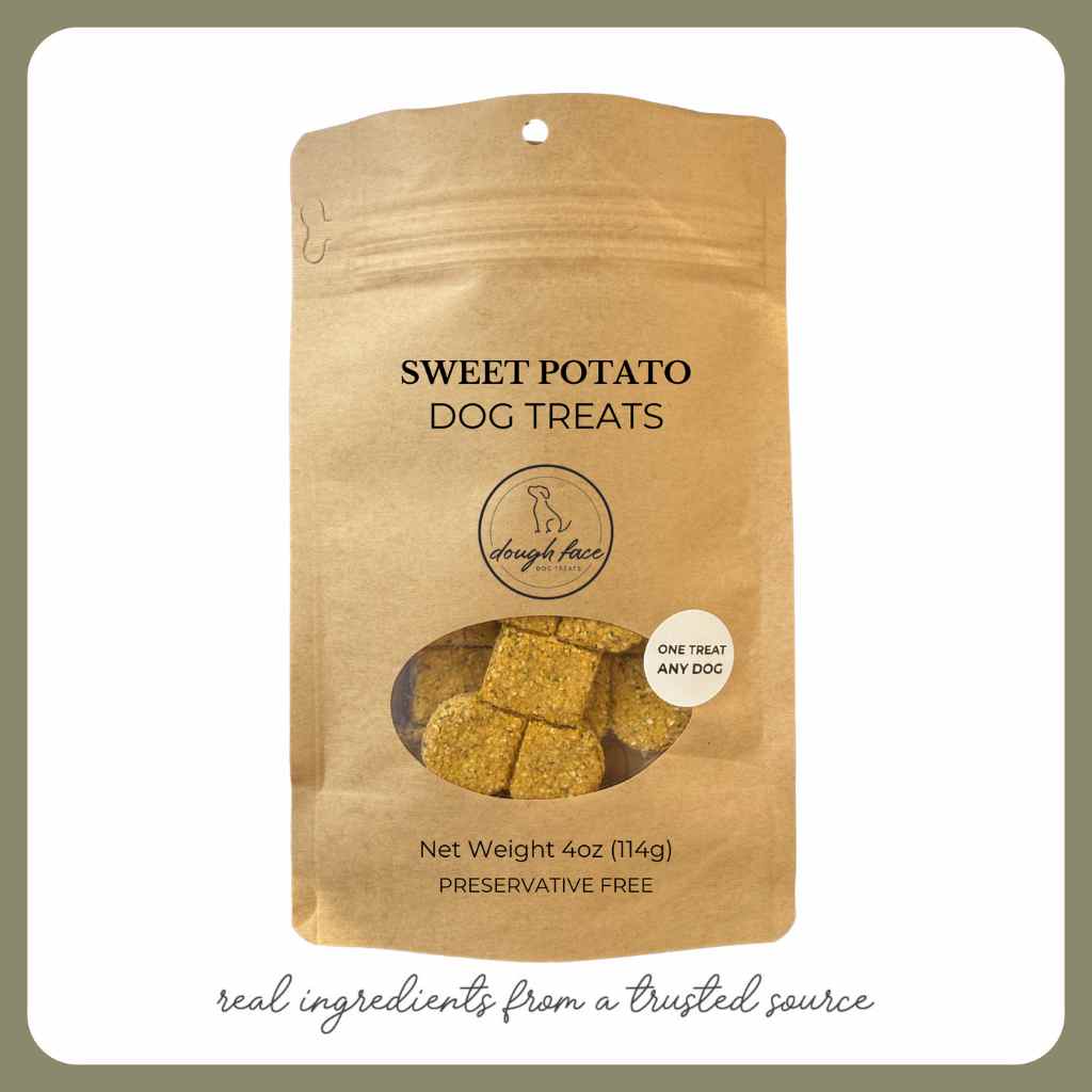 Package of sweet potato dog treats with visible treats inside on a white background