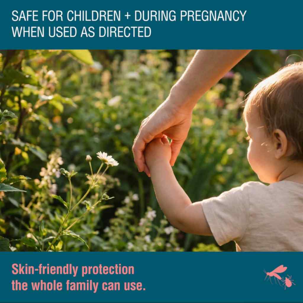 Child holding adult's hand in a garden with text that product is safe for children and during pregnancy.