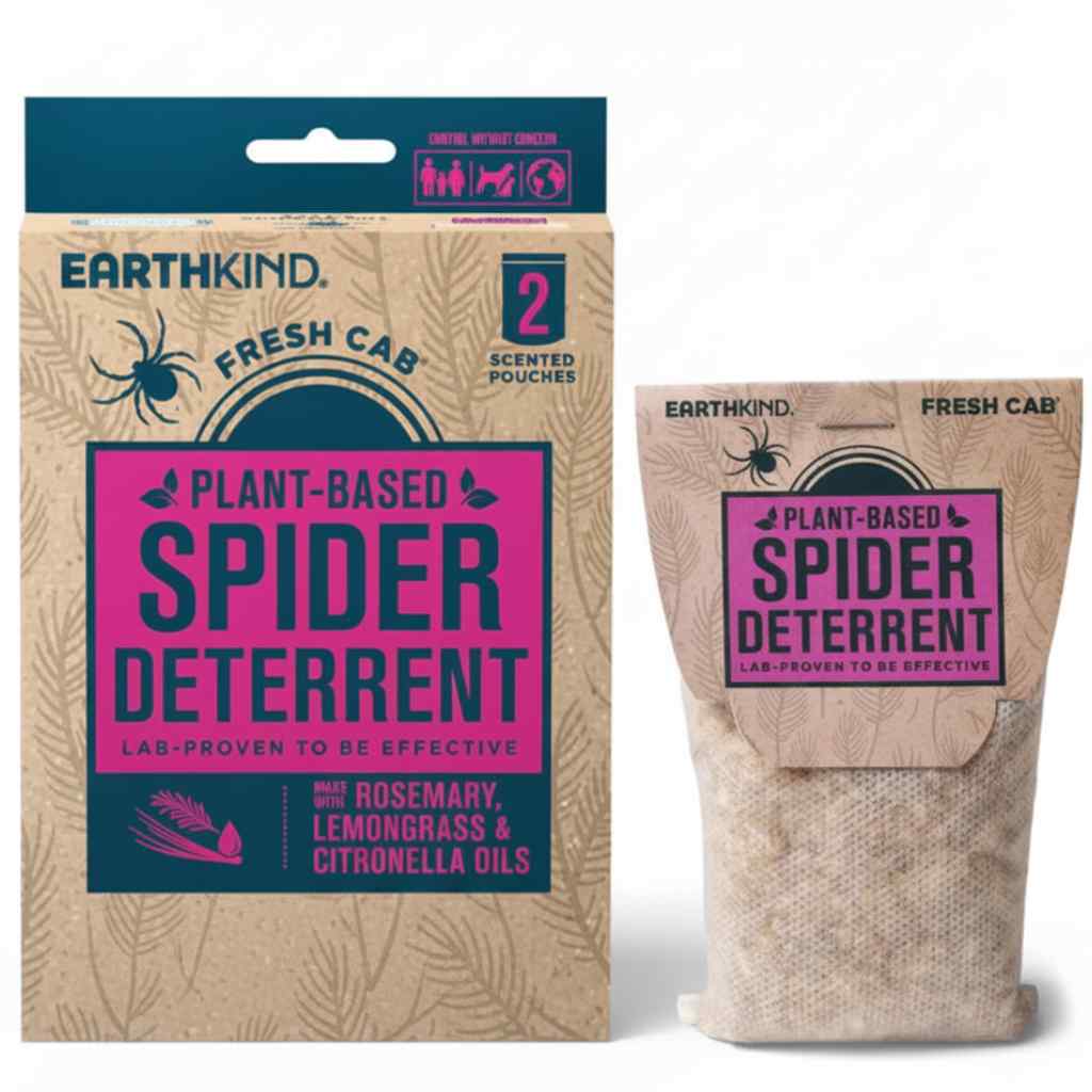 Earthkind plant-based spider deterrent packaging with pink and blue labels on a white background