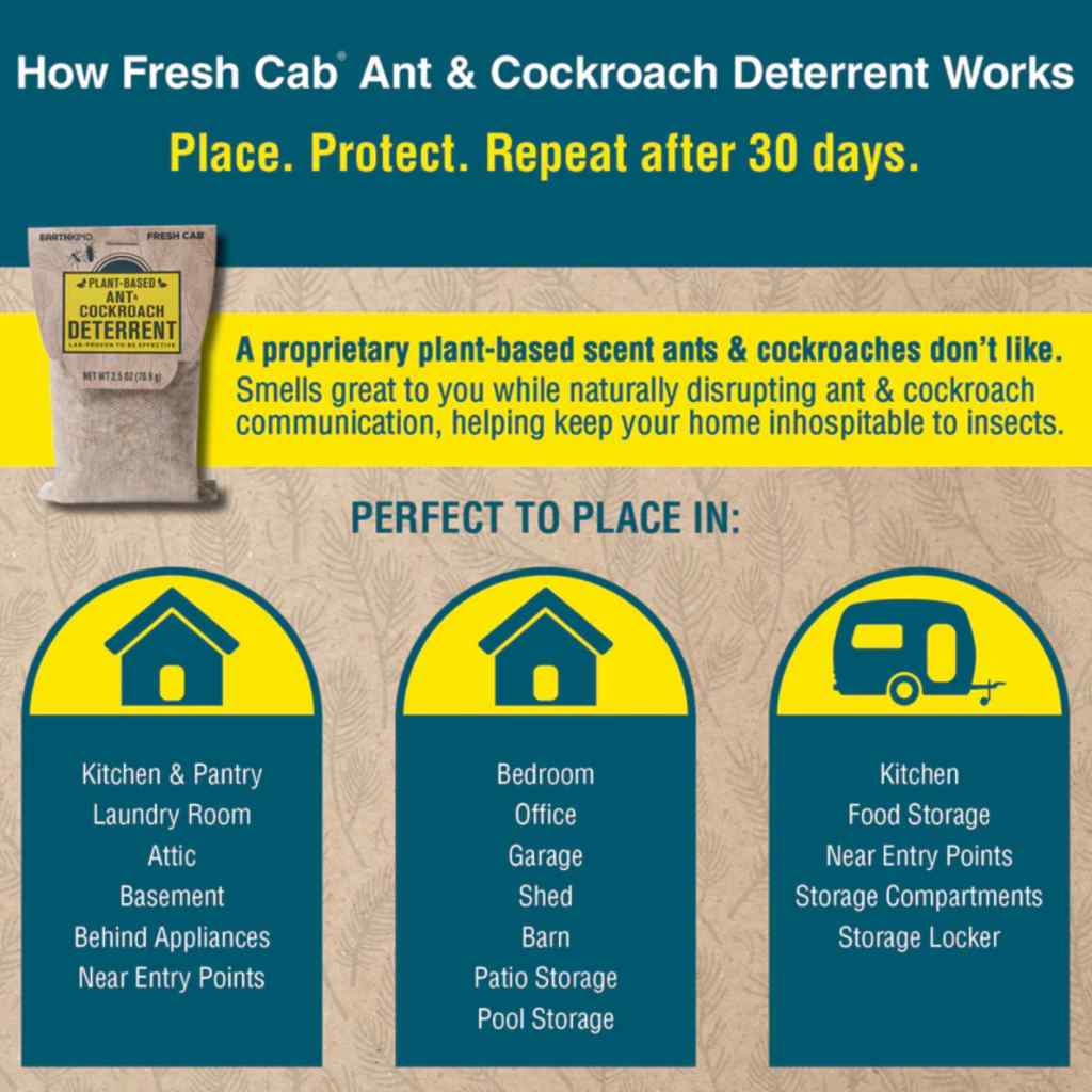 Earth Kind Fresh Cab Ant &amp; Cockroach Deterrent showing product packaging and usage instructions.