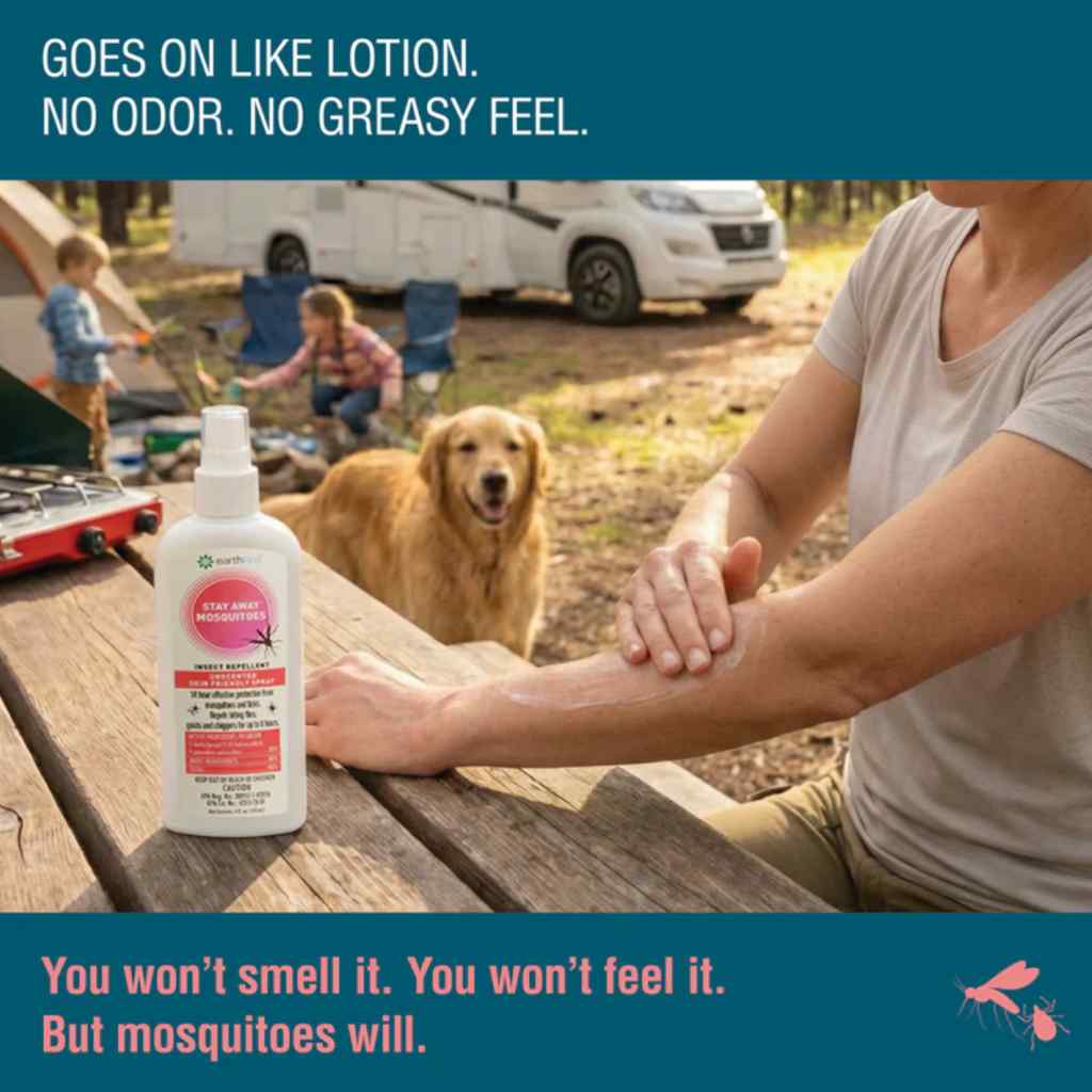Person applying mosquito repellent to arm with a dog and camping scene in the background