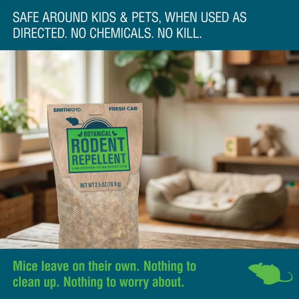 EarthKind Botanical Rodent Repellent packaging on a kitchen counter with text about its safety and effectiveness.