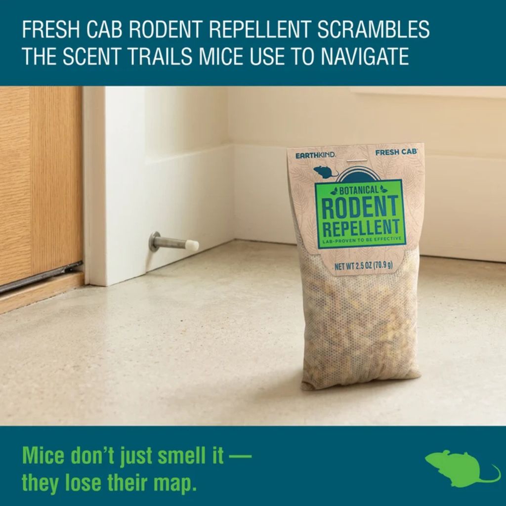 A bag of Earthwkind Botanical Rodent Repellent stands on a beige floor in a doorway, with promotional text at the top and bottom about scent trails mice use to navigate.