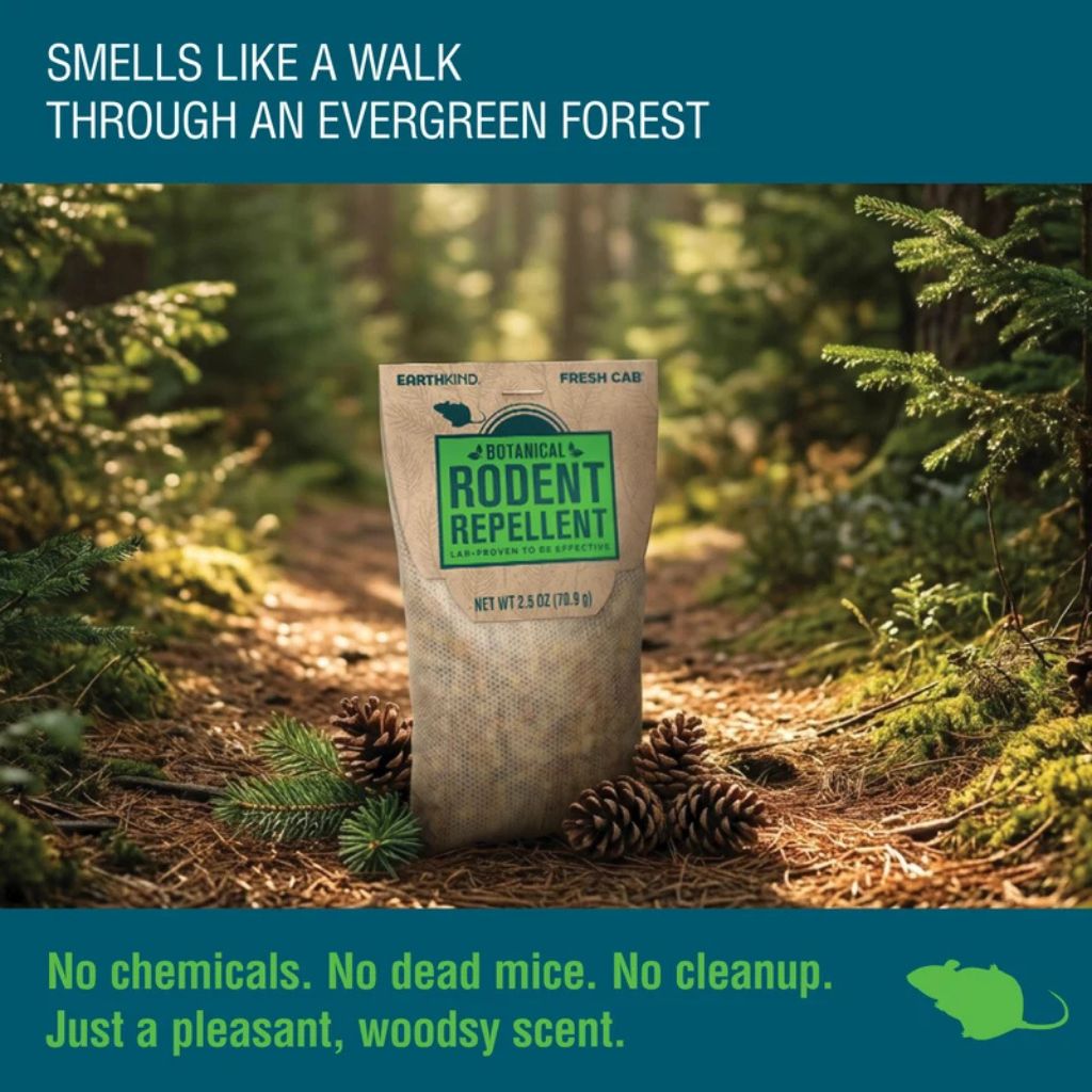 A bag of natural Rodent Repellent standing on a forest path with pinecones and evergreen trees around it. Teal text banners at the top and bottom describe the scent and benefits.