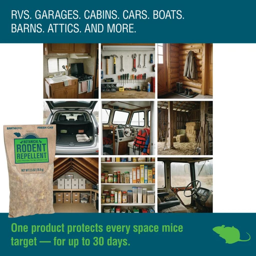Promotional image for rodent repellent with various indoor settings and a product package.